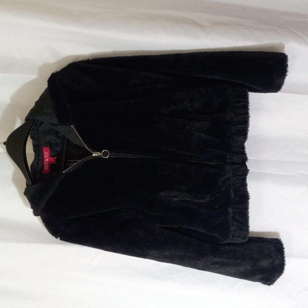 KISS & FLY Faux Fur Zip Jacket Polyester Elastic Waist Hood Sz S Lined Black